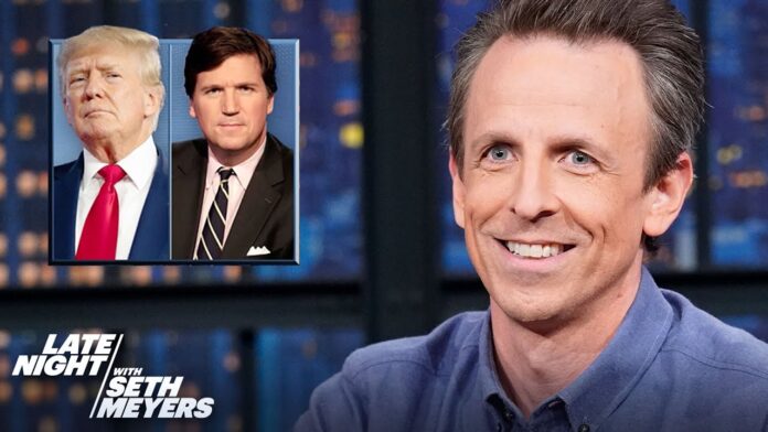 Portrait of a talk-show host with inset headshots of two men on a TV screen