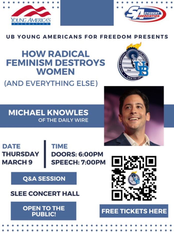 Promotional flyer with logos, speaker name, date/time, and a QR code for free tickets.