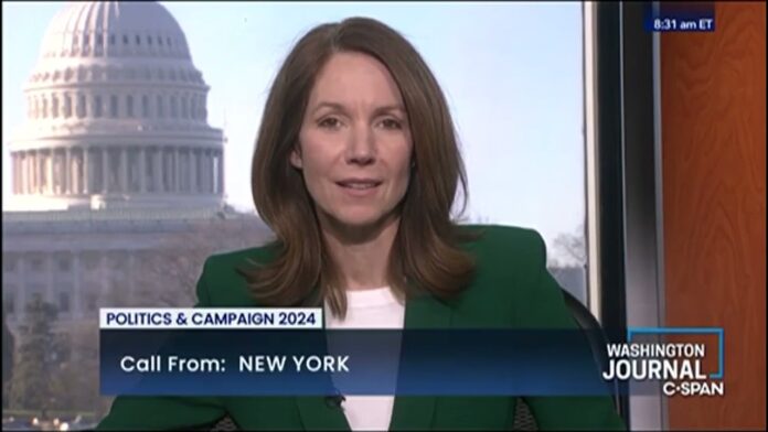 Woman speaking on a TV news segment with U.S. Capitol backdrop