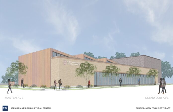Architectural rendering of a building labeled “African American Cultural Center,” with people walking outside.