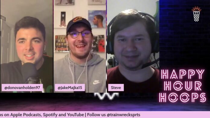 Three people on a video call with headsets and a “HAPPY HOUR HOOPS” banner.