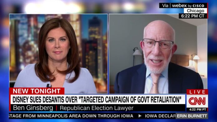 Split-screen news broadcast with two people and on-screen text about Disney vs DeSantis.