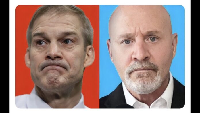 Two male faces shown side-by-side, left on red background and right on blue background