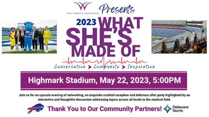 Promotional poster reading “What She’s Made Of” with date and location: Highmark Stadium, May 22, 2023.
