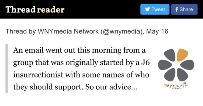 Screenshot shows a post titled “Thread by WNYmedia Network” with text and a vmedia logo.