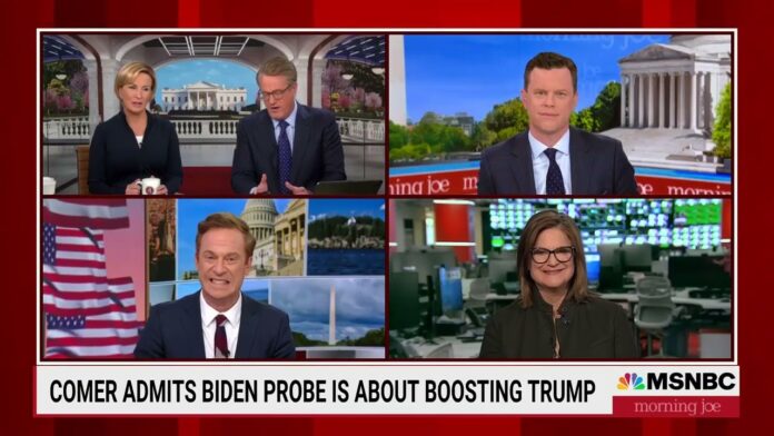 MSNBC Morning Joe split screen with multiple anchors and a headline bar at the bottom.