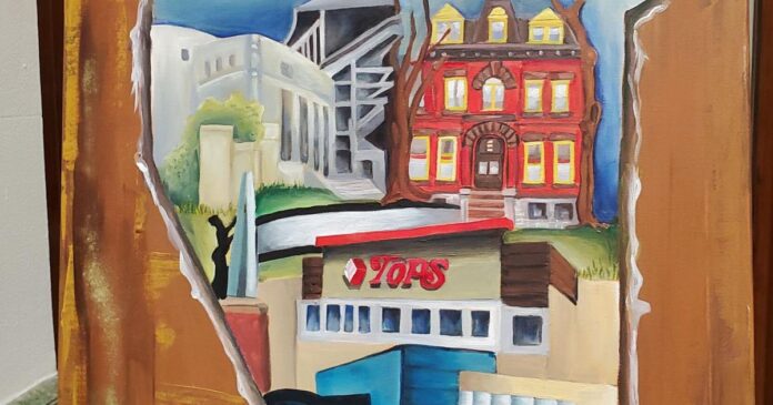 Painted mural showing buildings, a bridge, and a storefront sign reading 7?rs