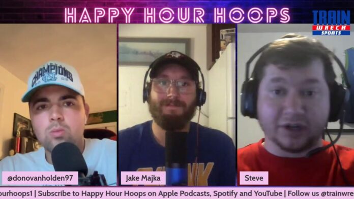 Three podcast hosts wearing headsets speak into microphones during a video call.