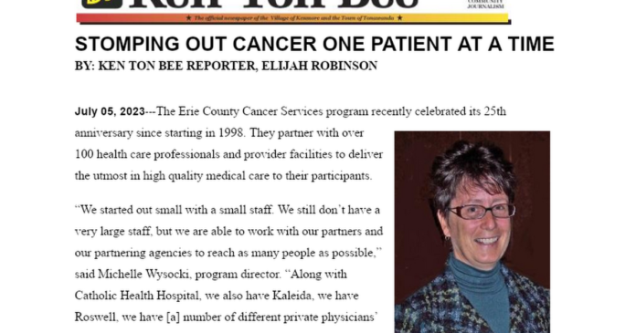 Newspaper article page with headline about cancer care and a portrait of a smiling person.