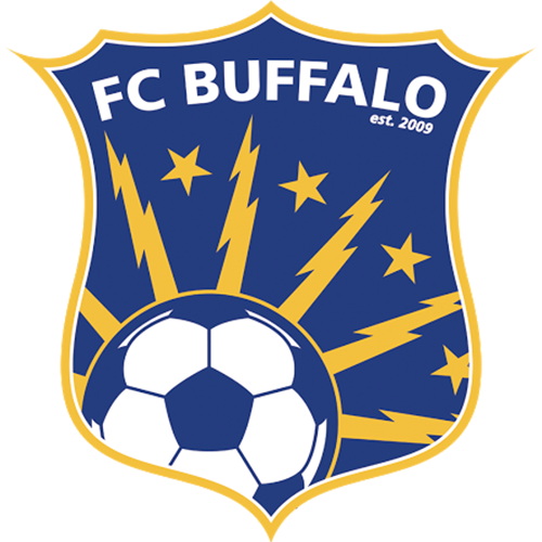 Blue and gold FC Buffalo crest with soccer ball and star shapes