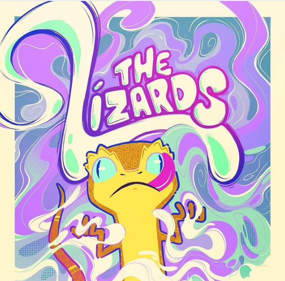 Cartoon lizard illustration with colorful swirls and the text “THE LIZARDS”.