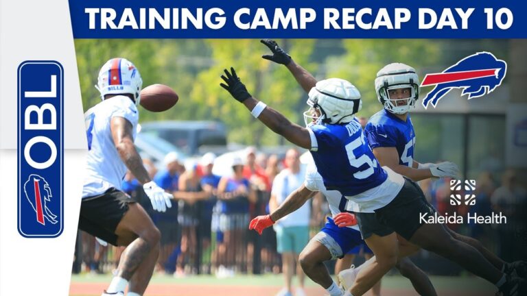 Buffalo Bills players raise arms during training camp, with logos and “TRAINING CAMP RECAP DAY 10” text.