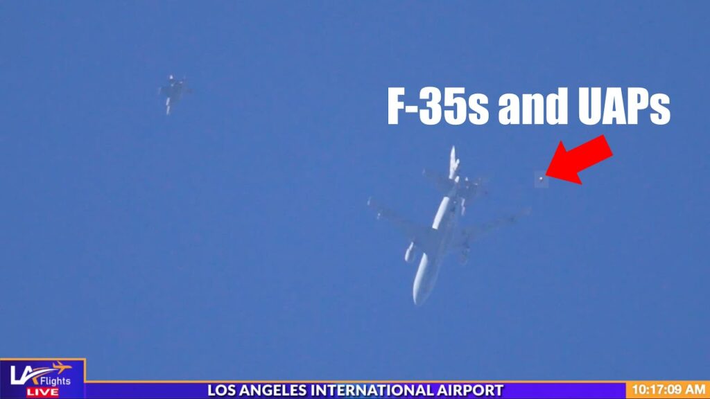 Distant aircraft in blue sky with text 'F-35s and UAPs' and arrow pointing