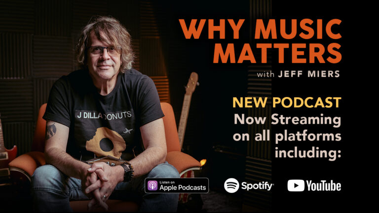 Person seated in a studio with a guitar, with podcast promo text and platform logos.