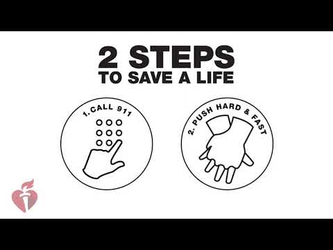 Poster reading “2 STEPS TO SAVE A LIFE” with call 911 and push hard icons.