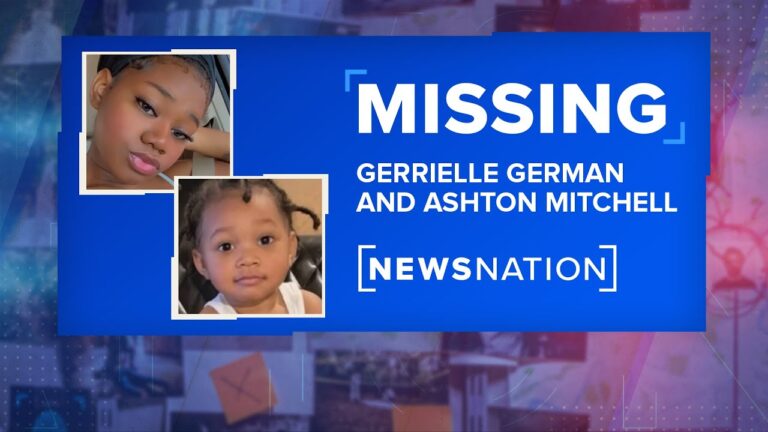 Blue missing persons graphic naming Gerrielle German and Ashton Mitchell