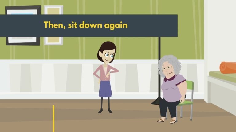 Cartoon caregiver speaks with an older person seated on a chair indoors