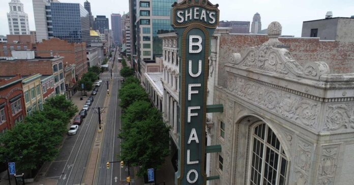 Downtown street and buildings with a vertical marquee reading “SHEA'S” and “BUFFALO.”