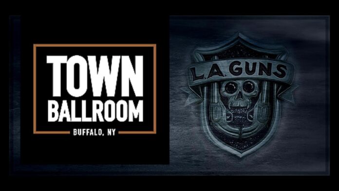 Split graphic showing the Town Ballroom Buffalo NY sign and the L.A. Guns emblem.