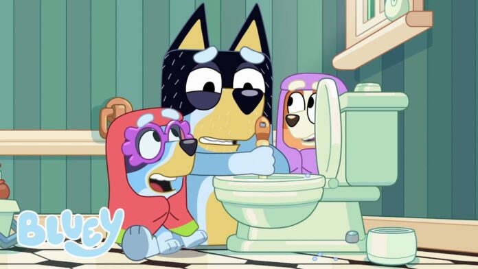 Animated cat and a dog-like character near a bathtub and toy on a bathroom floor.