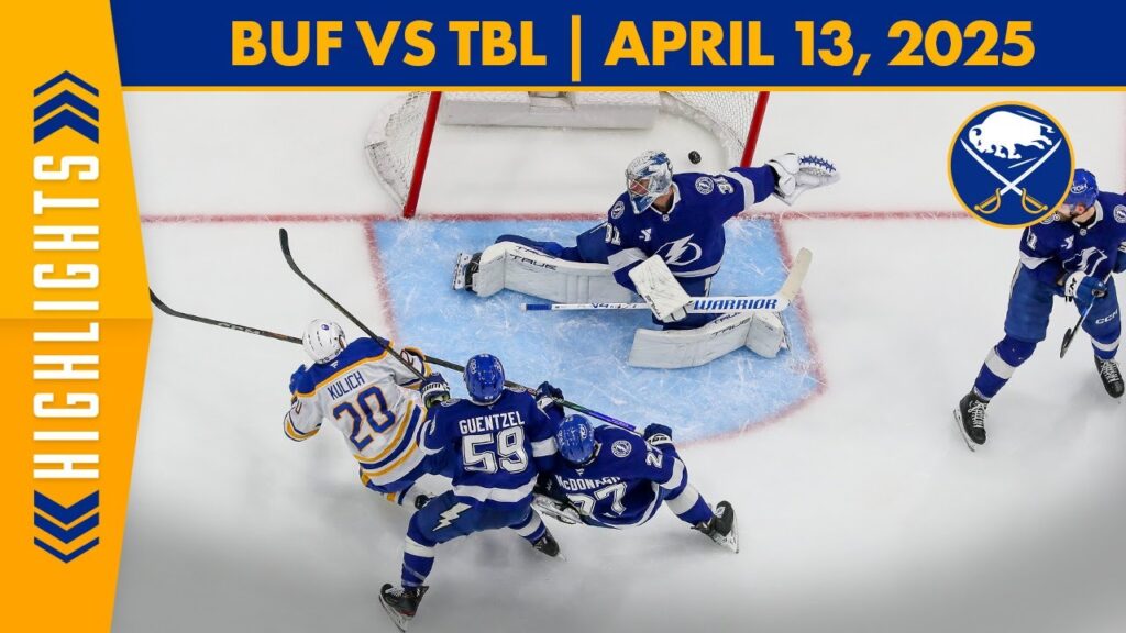 Two hockey teams on the ice during a game, with a “BUF vs TBL | APRIL 13, 2025” banner.