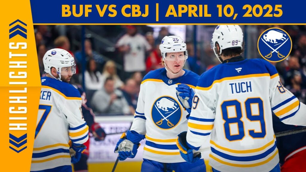 Buffalo Sabres players in blue and white uniforms facing off on rink; scoreboard graphic shows BUF vs CBJ.