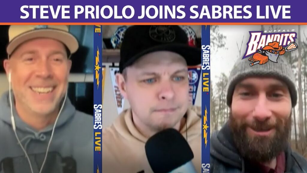 Three men in video-call style frames with Sabres Live and Bandits branding on a purple header.