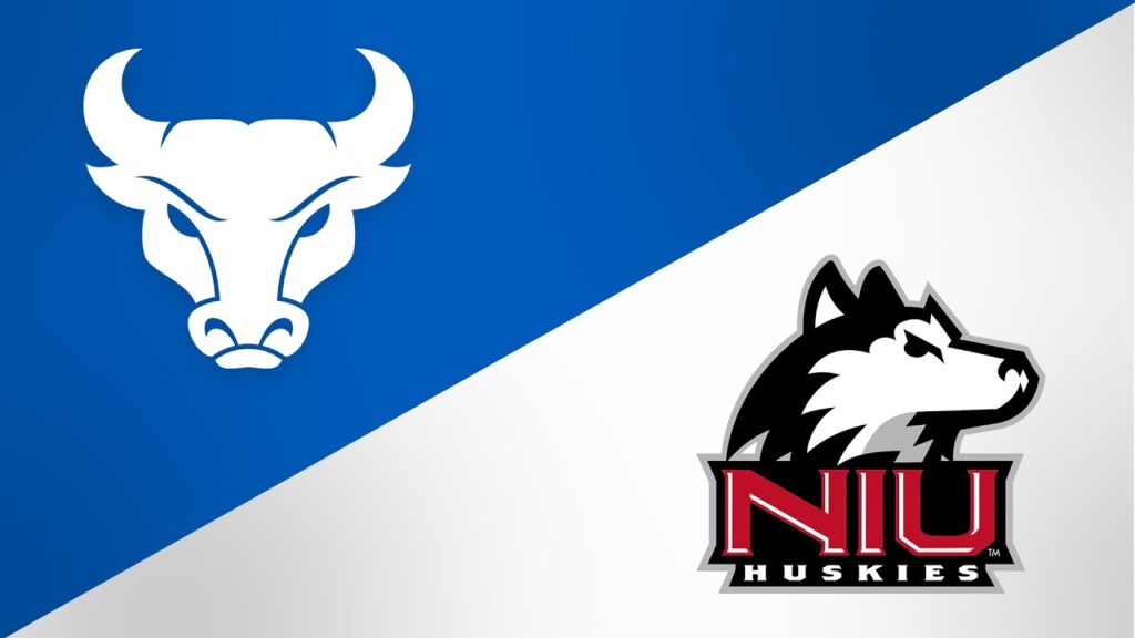 Split graphic with UB Bulls icon and Northern Illinois Huskies logo on blue and gray.