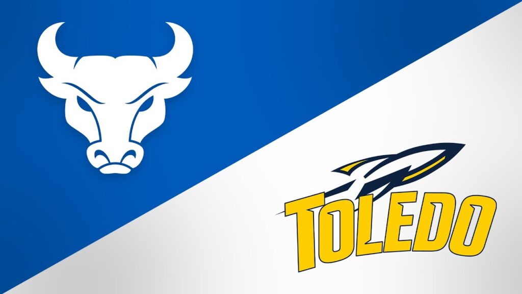 Blue and white sports graphic featuring bull and Toledo Rockets logos.