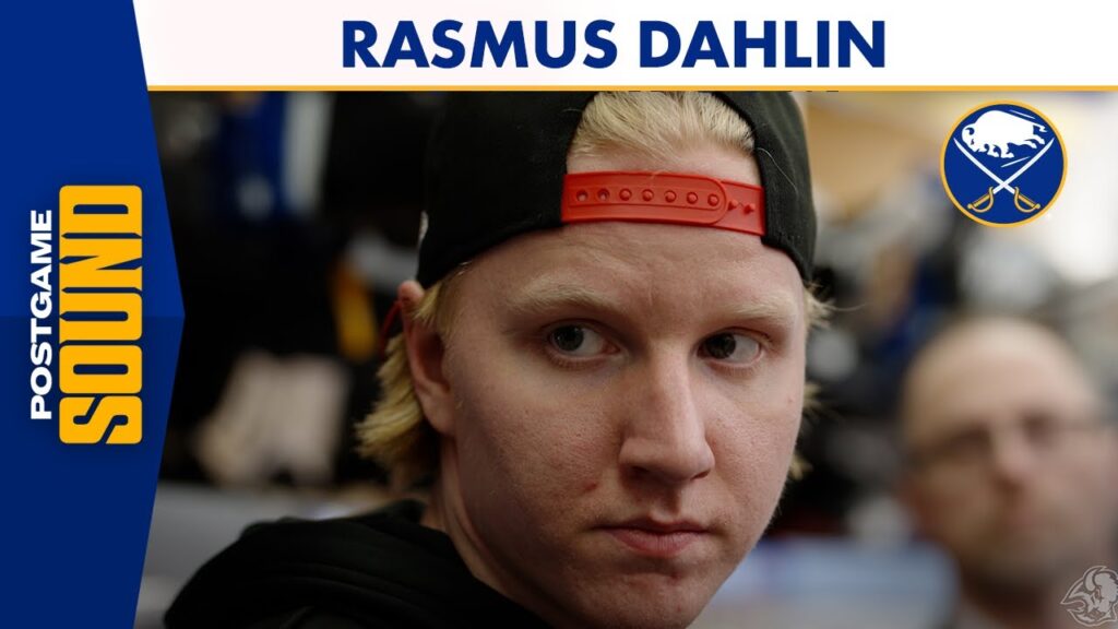 Rasmus Dahlin wearing a red headband in a sports media graphic with Sabres logo.