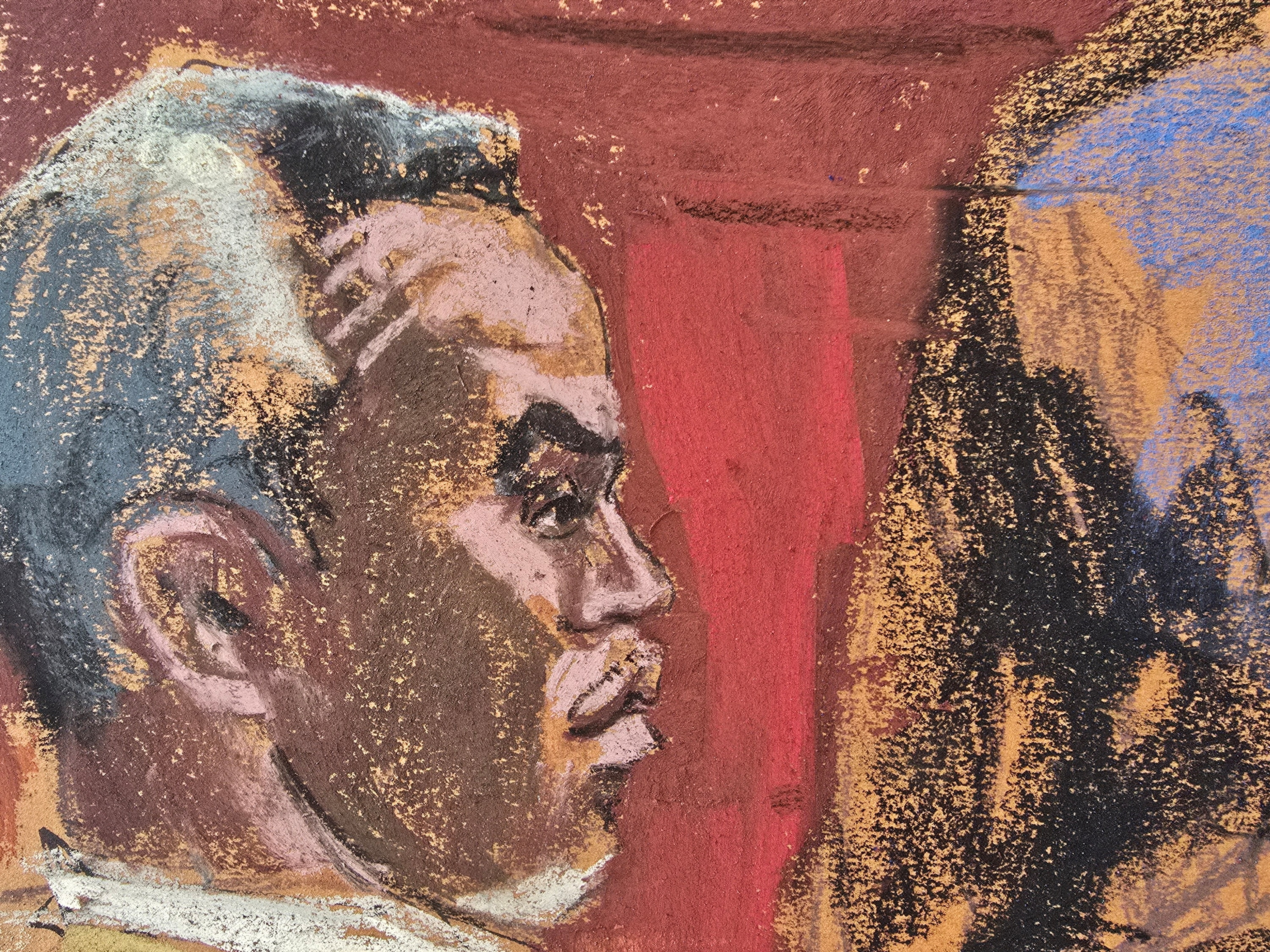 courtroom sketch of Diddy listening during his trial