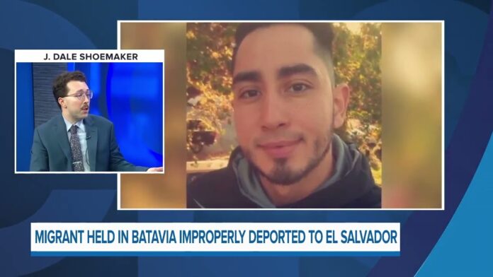 Split news graphic showing a studio reporter inset and a large portrait over a deportation headline.